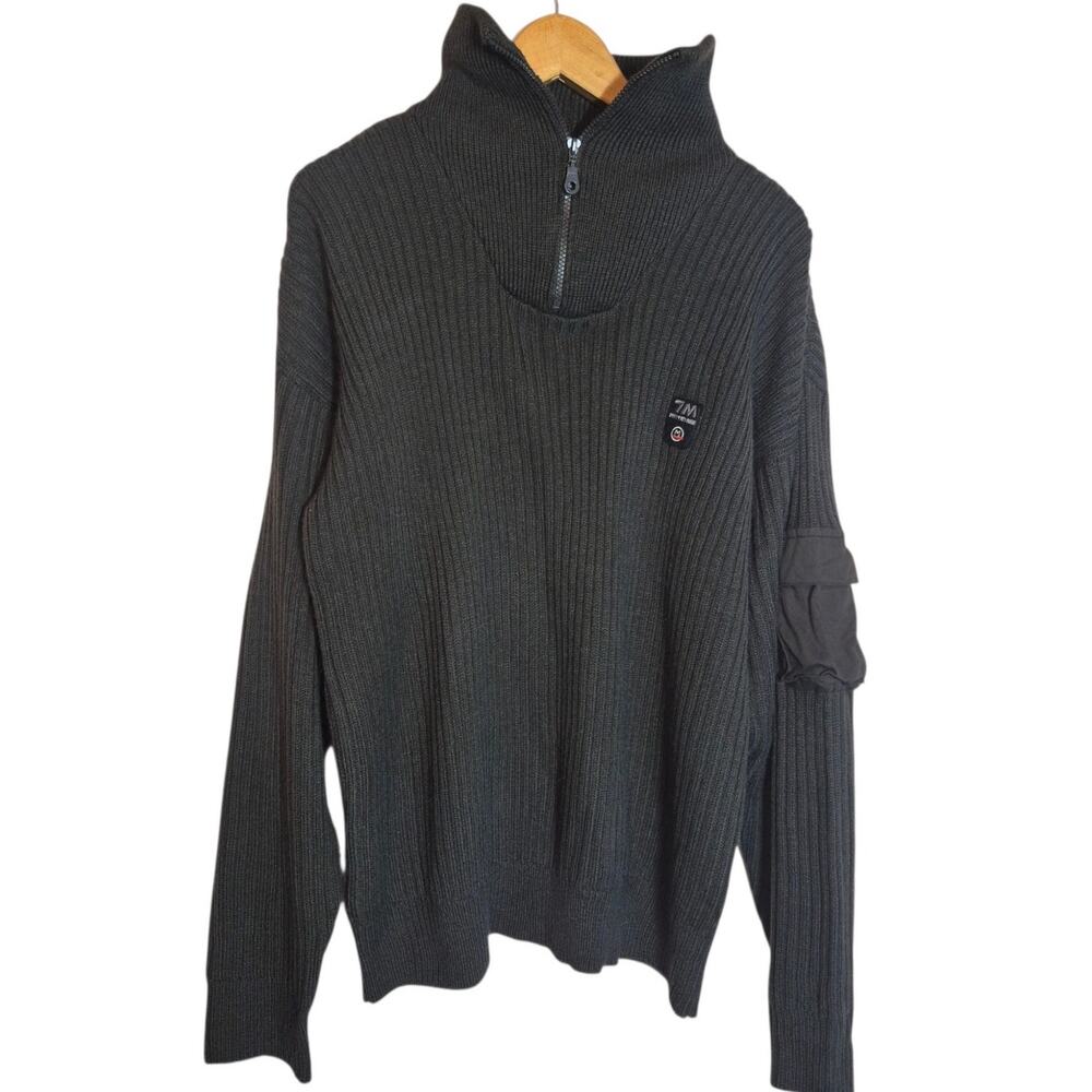 Vintage 1990s Men's Bugle Boy Military Style Ribbed Zip Neck Sweater Gray L/XL